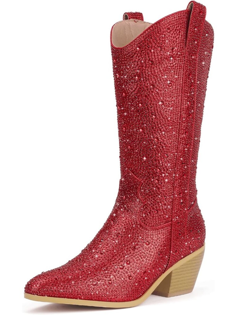 Women's Red Rhinestone Mid Calf Sparkly Western Chunky Heel Cowgirl Booties